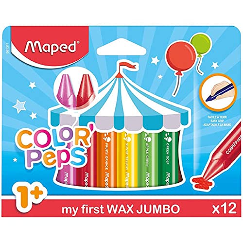 Maped - Ceras De Colores Para Niños - Wax Jumbo - 12 Pinturas De Cera De Colores - Tacto Suave -...