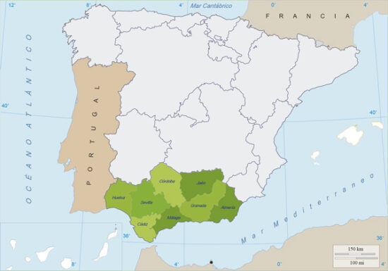 Mapa De Andaluc A F Sico Y Pol Tico Para Imprimir Y Estudiar   Mapa Politico Andalucia 550x385 